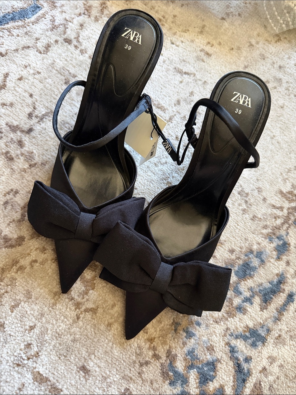 Zara Black Pointed Toe Bow Slingback Heels